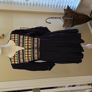 Umgee navy blue tunic top orange yellow lime blue textured front 3/4 slv…S EUC